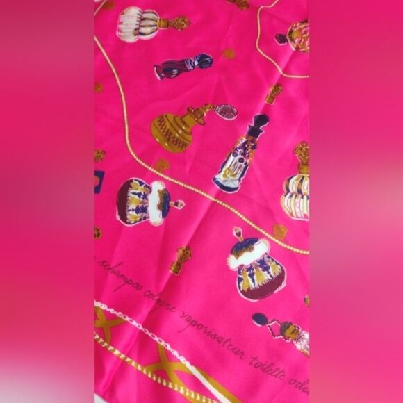 Vibrant Hot Pink Scarf with Vintage Perfume Bottles Large - Picture 5 of 13